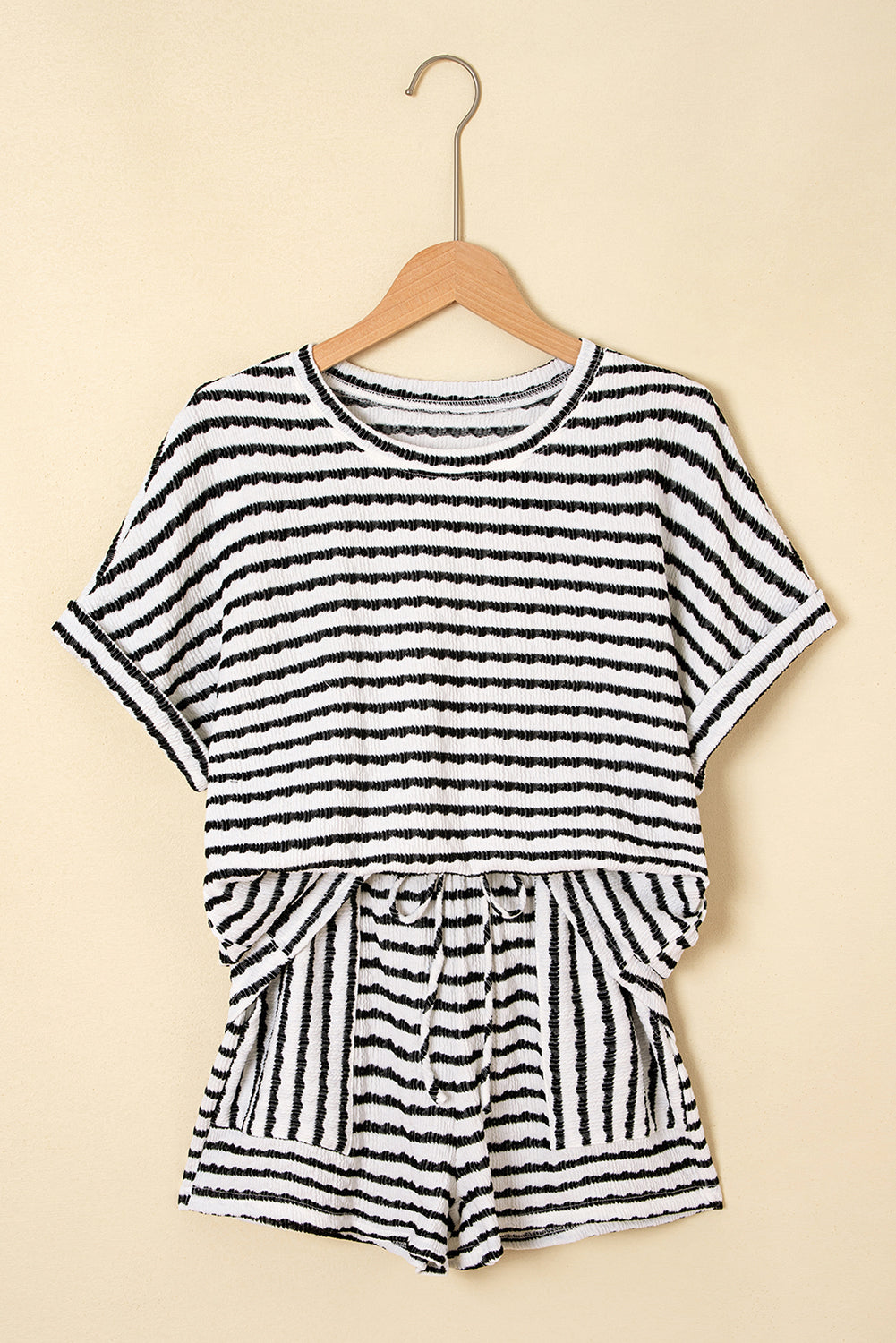 Sky Blue Striped Print Short Sleeve Top and Pocket Shorts Set