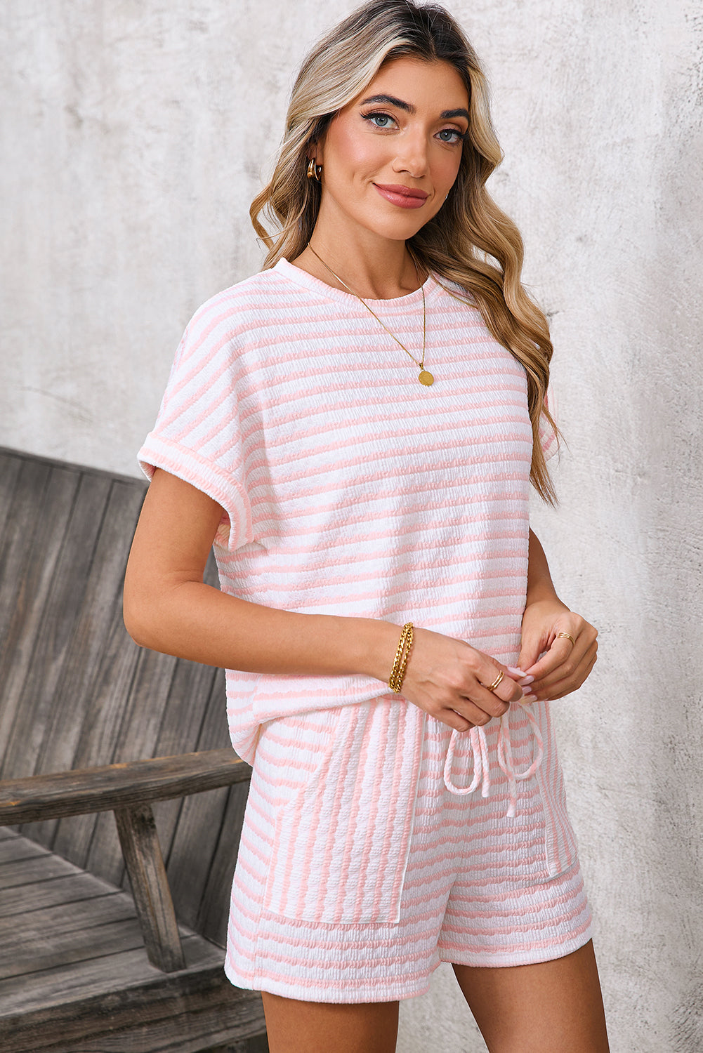 Sky Blue Striped Print Short Sleeve Top and Pocket Shorts Set