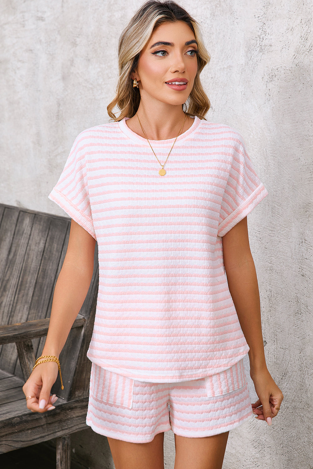 Sky Blue Striped Print Short Sleeve Top and Pocket Shorts Set
