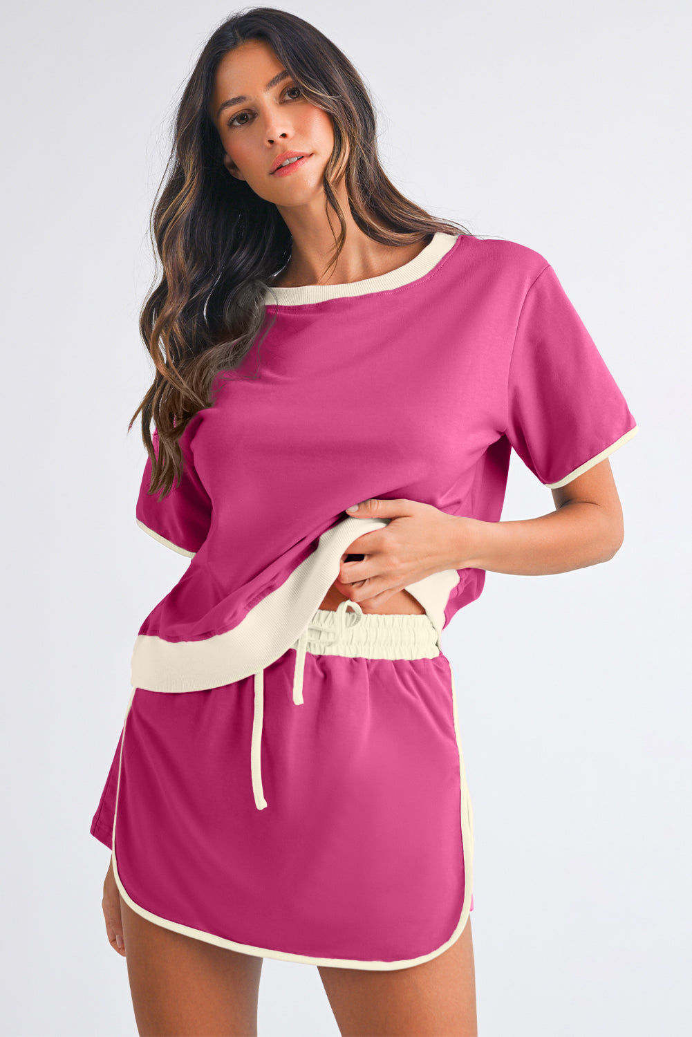 Bonbon Colorblock Edge Drop Shoulder T Shirt and Skort Set