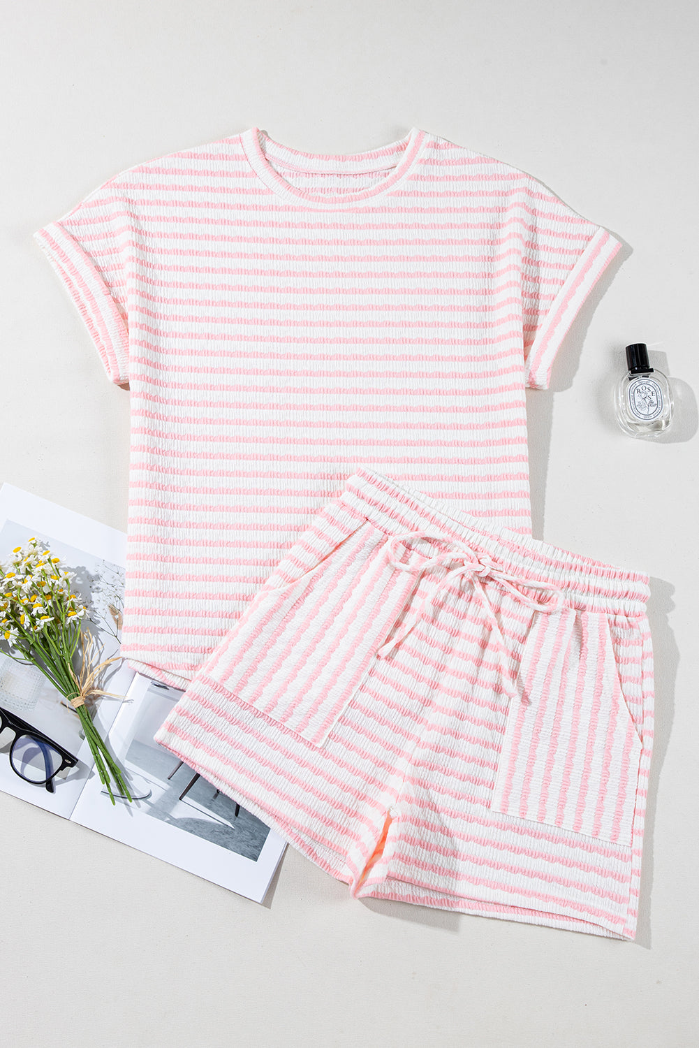Sky Blue Striped Print Short Sleeve Top and Pocket Shorts Set