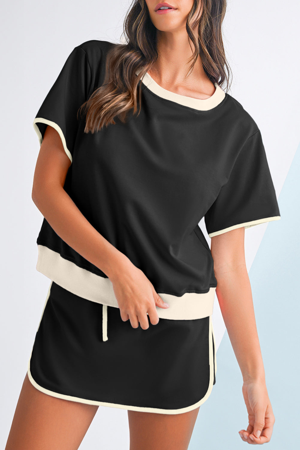 Bonbon Colorblock Edge Drop Shoulder T Shirt and Skort Set