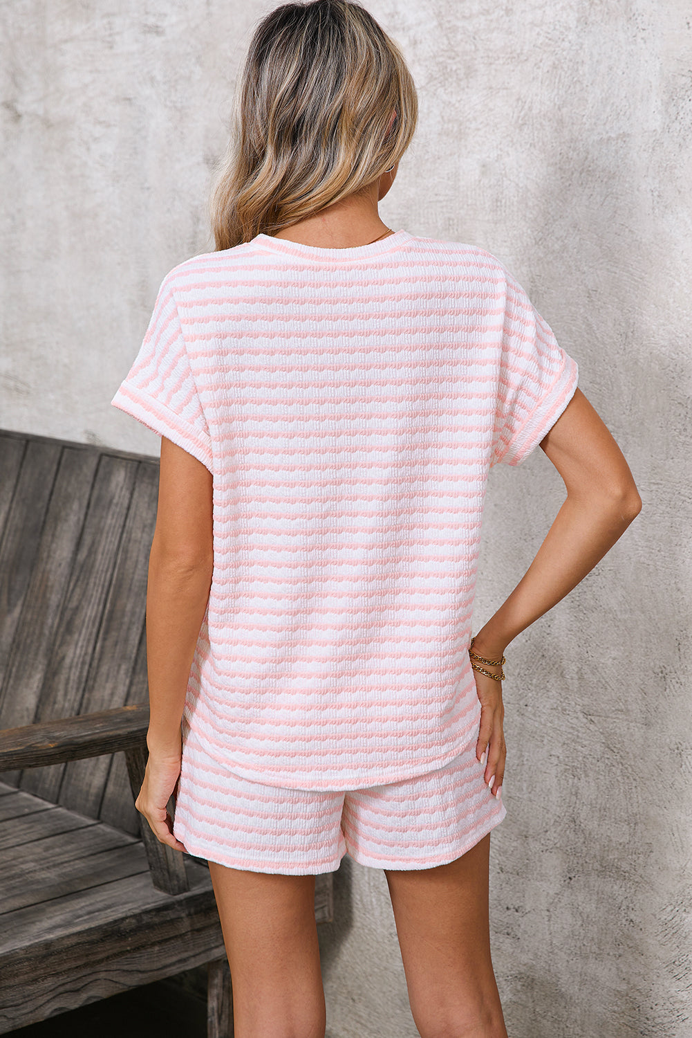 Sky Blue Striped Print Short Sleeve Top and Pocket Shorts Set
