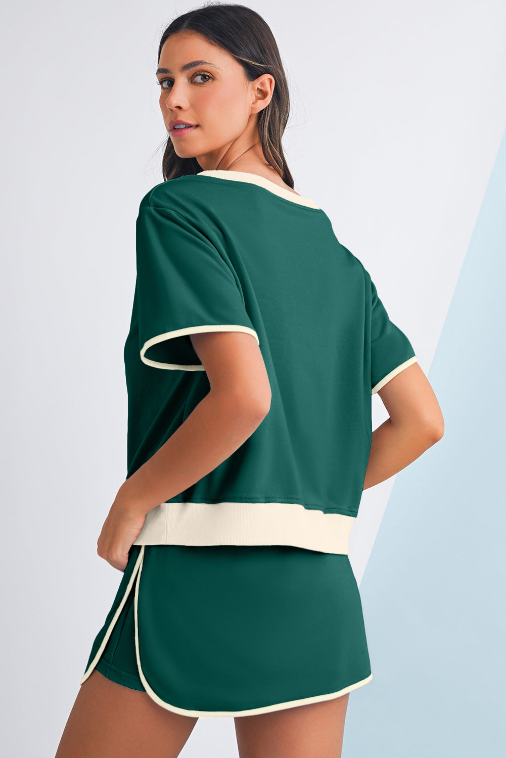 Bonbon Colorblock Edge Drop Shoulder T Shirt and Skort Set
