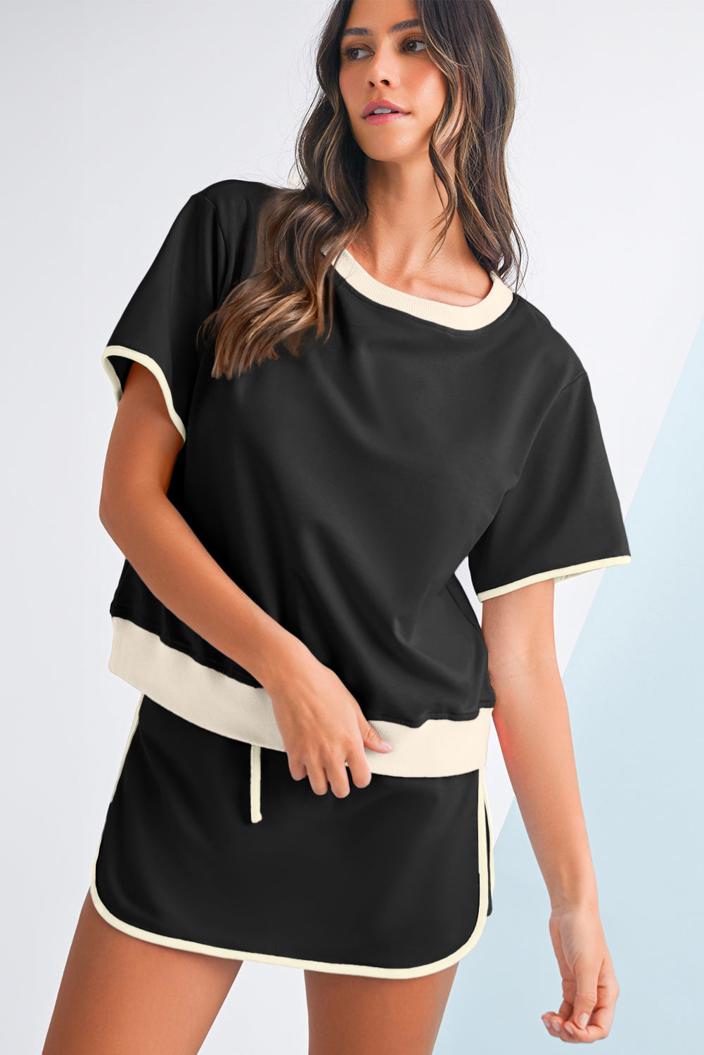 Bonbon Colorblock Edge Drop Shoulder T Shirt and Skort Set