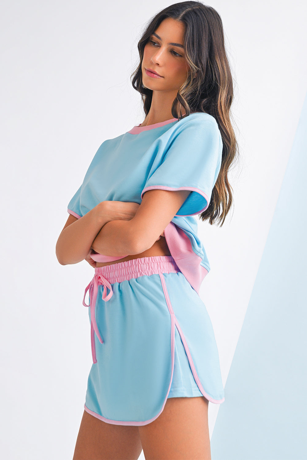 Bonbon Colorblock Edge Drop Shoulder T Shirt and Skort Set