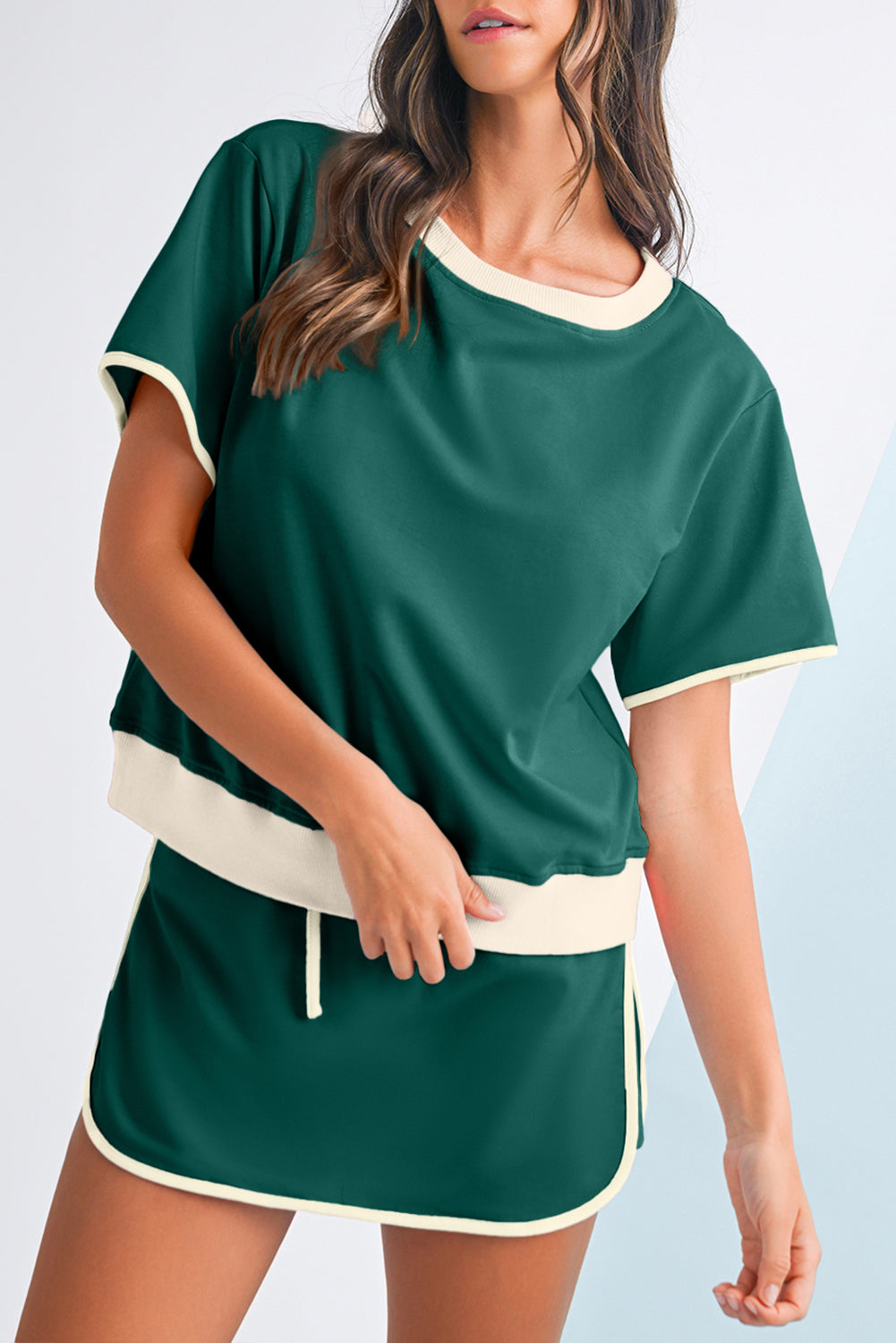 Bonbon Colorblock Edge Drop Shoulder T Shirt and Skort Set