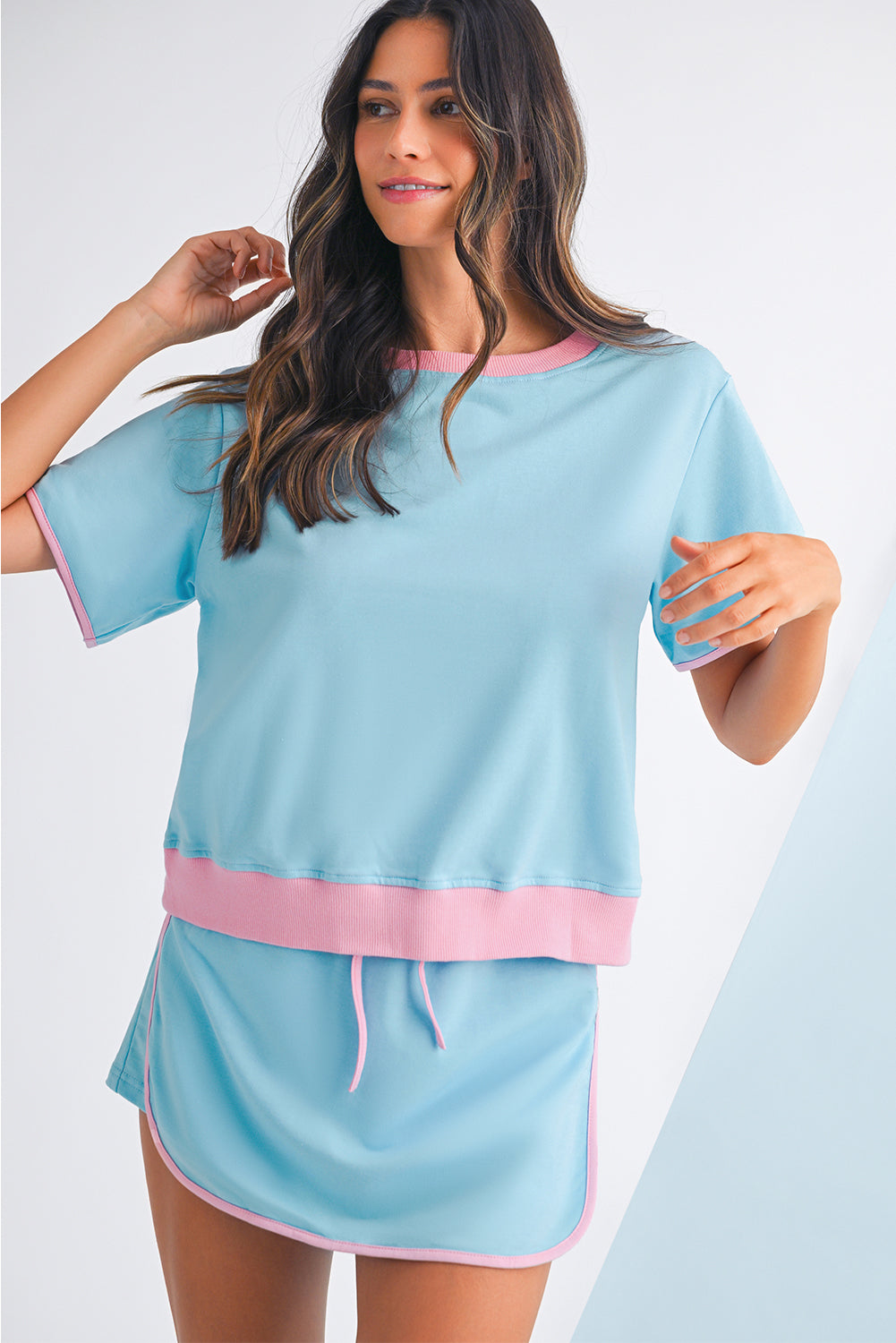 Bonbon Colorblock Edge Drop Shoulder T Shirt and Skort Set
