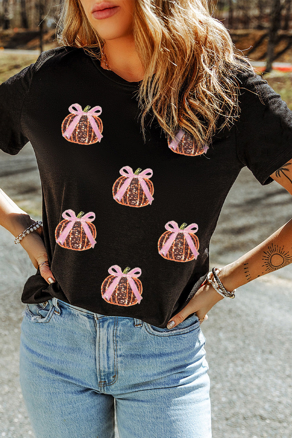 Black Sequin Bow Pumpkin Patched Cotton Blend T Shirt