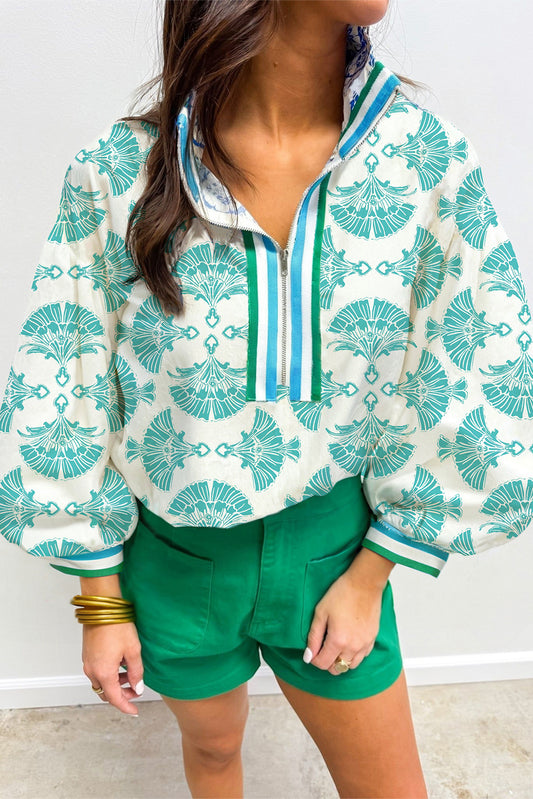 Sky Blue Abstract Print Bubble Sleeve Pop of Color Neck Blouse
