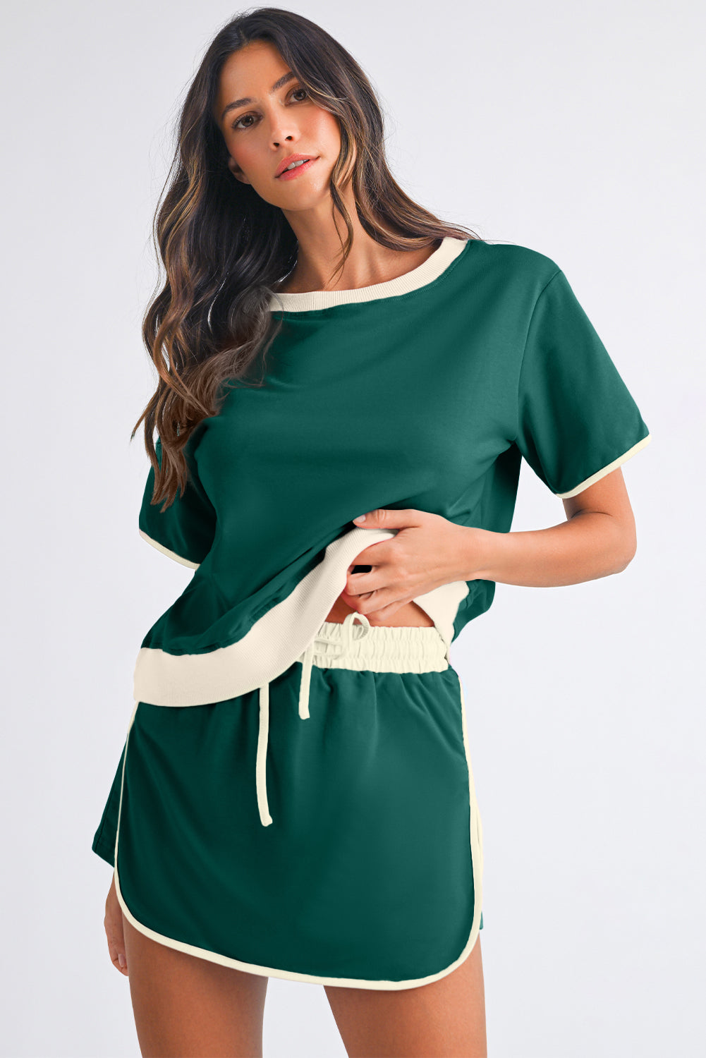 Bonbon Colorblock Edge Drop Shoulder T Shirt and Skort Set