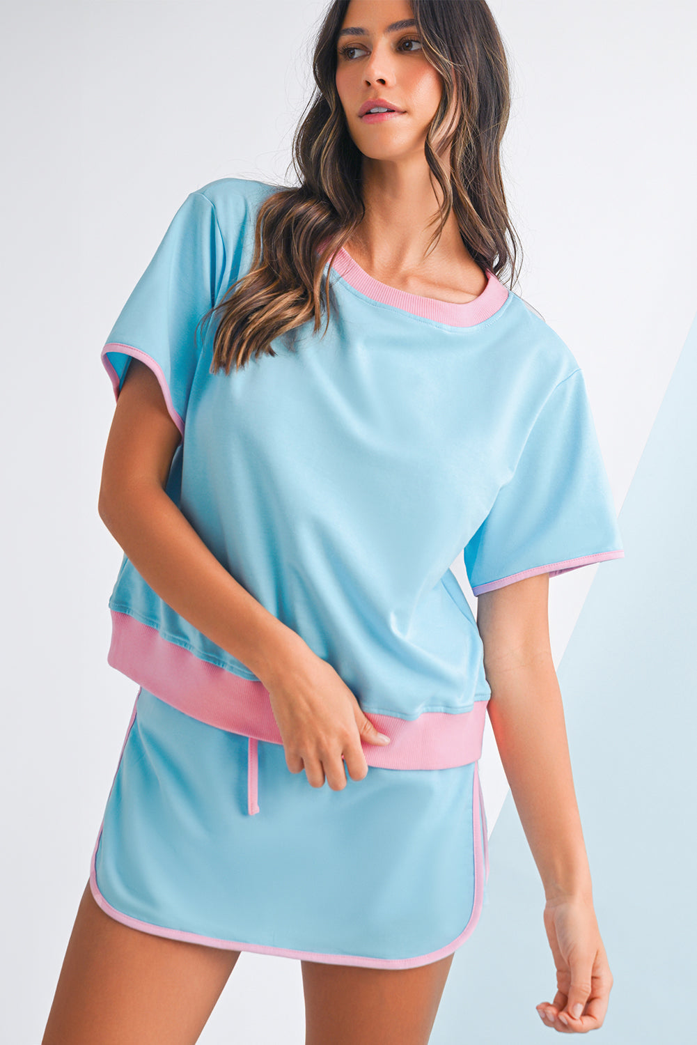 Bonbon Colorblock Edge Drop Shoulder T Shirt and Skort Set