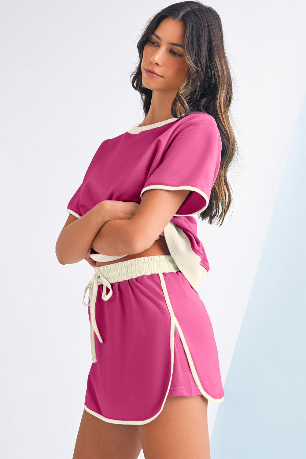 Bonbon Colorblock Edge Drop Shoulder T Shirt and Skort Set