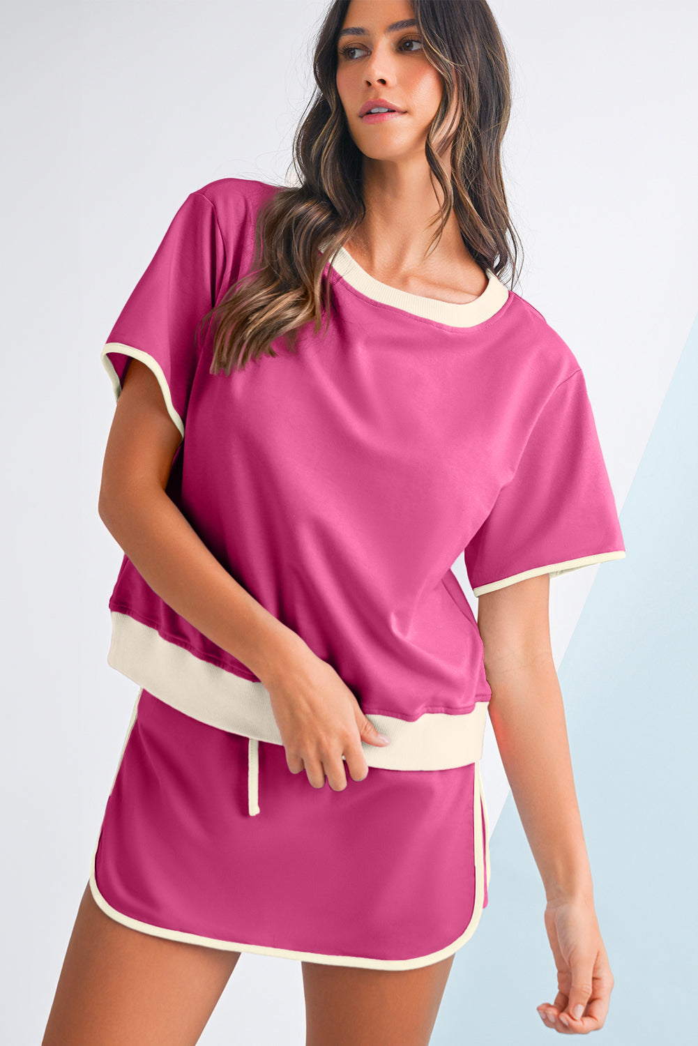 Bonbon Colorblock Edge Drop Shoulder T Shirt and Skort Set