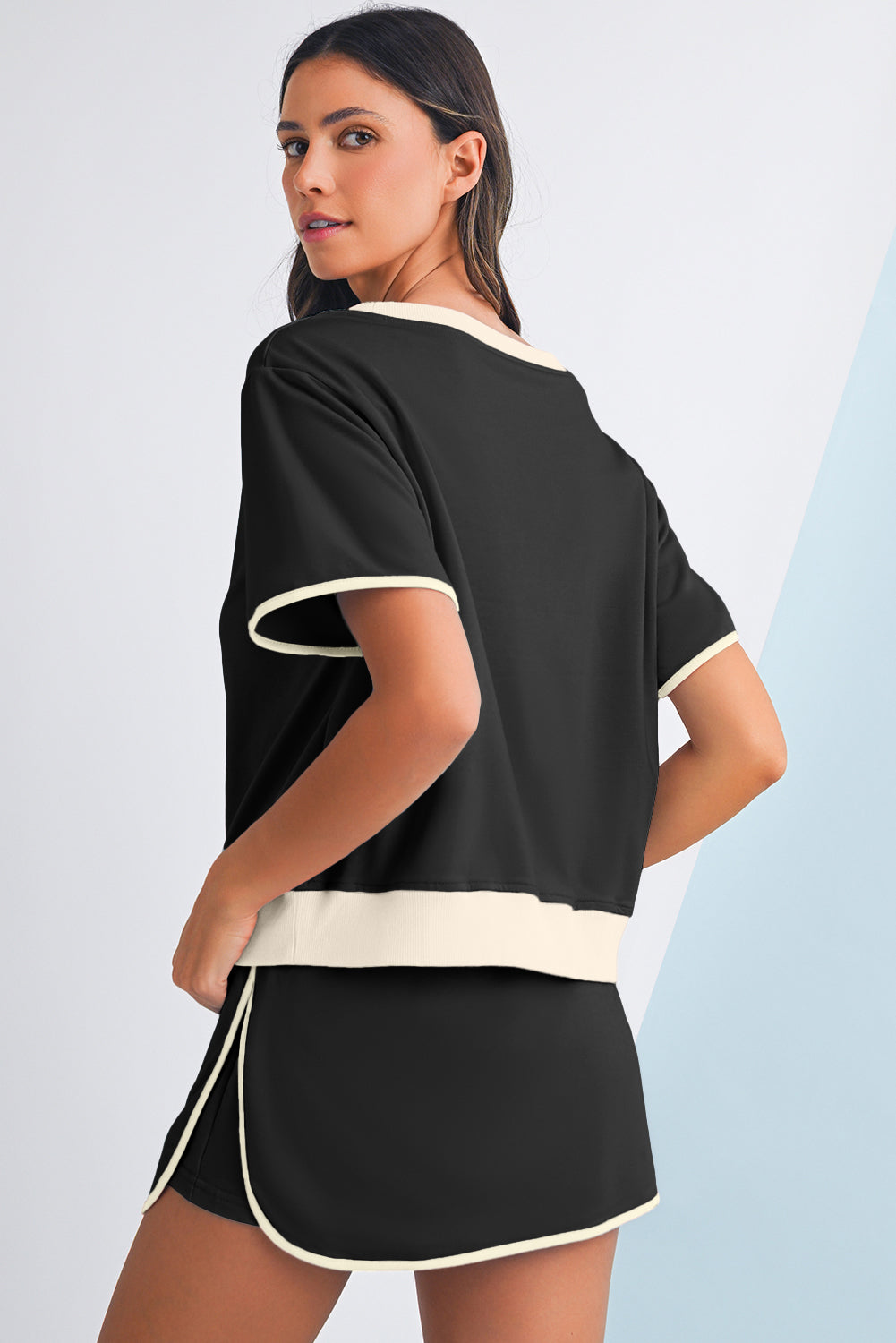 Bonbon Colorblock Edge Drop Shoulder T Shirt and Skort Set