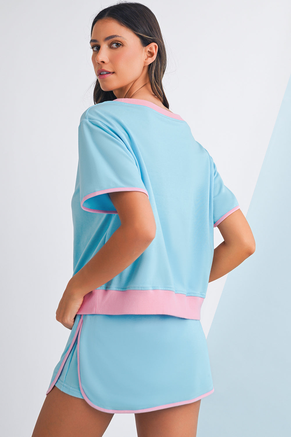 Bonbon Colorblock Edge Drop Shoulder T Shirt and Skort Set