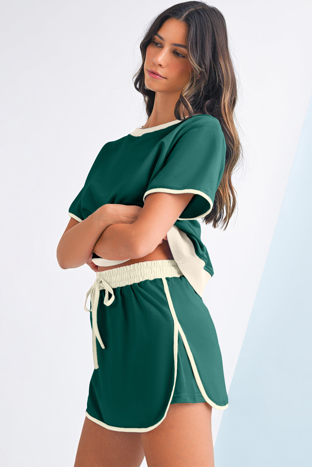 Bonbon Colorblock Edge Drop Shoulder T Shirt and Skort Set