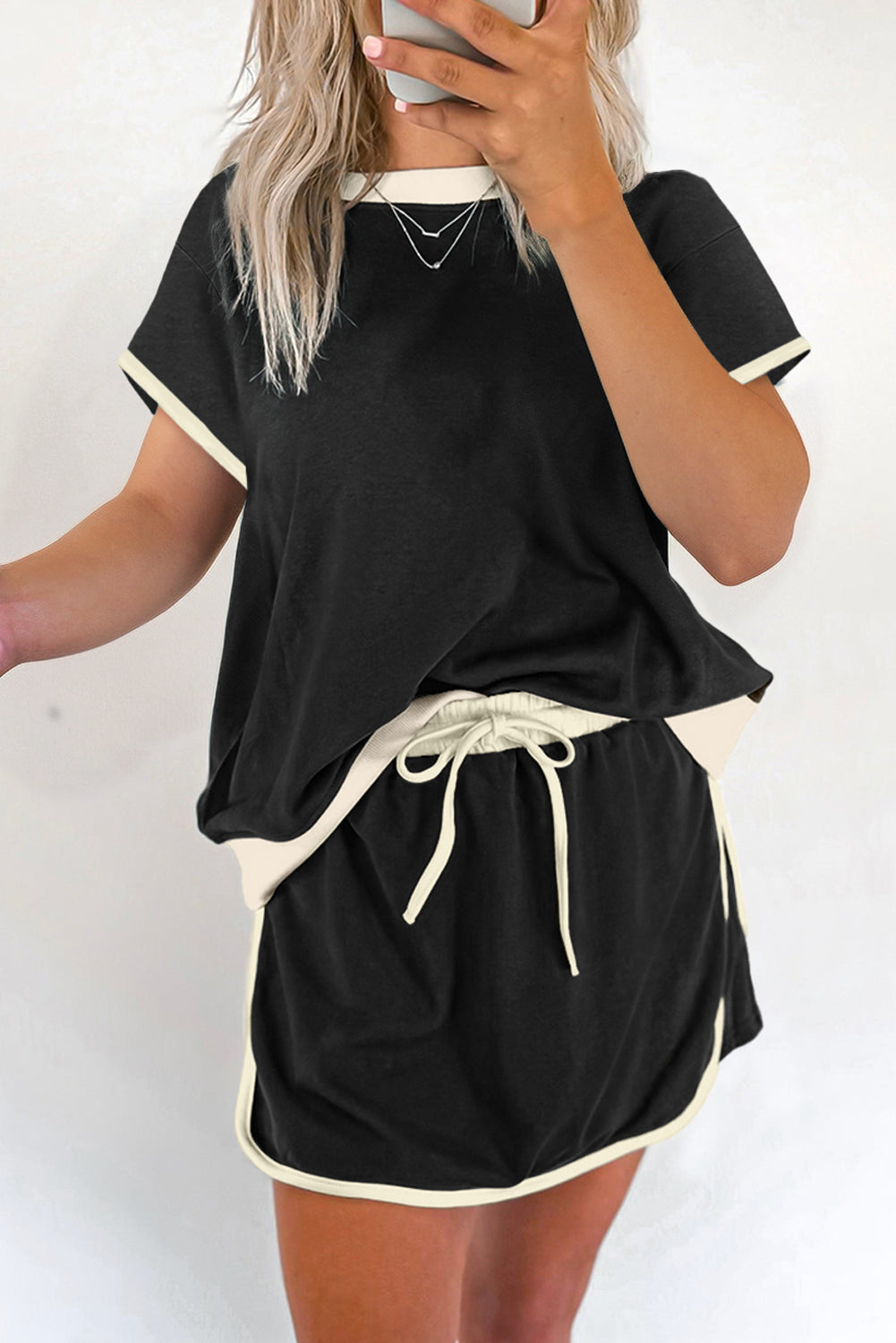Bonbon Colorblock Edge Drop Shoulder T Shirt and Skort Set
