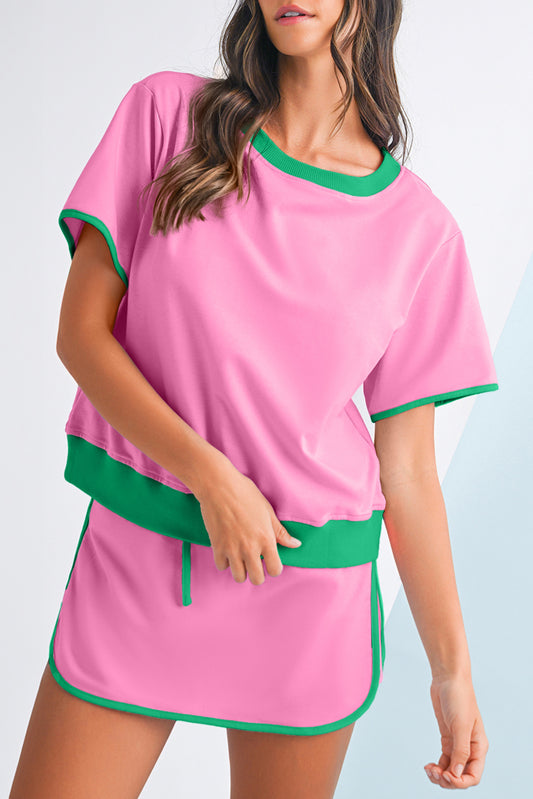 Bonbon Colorblock Edge Drop Shoulder T Shirt and Skort Set