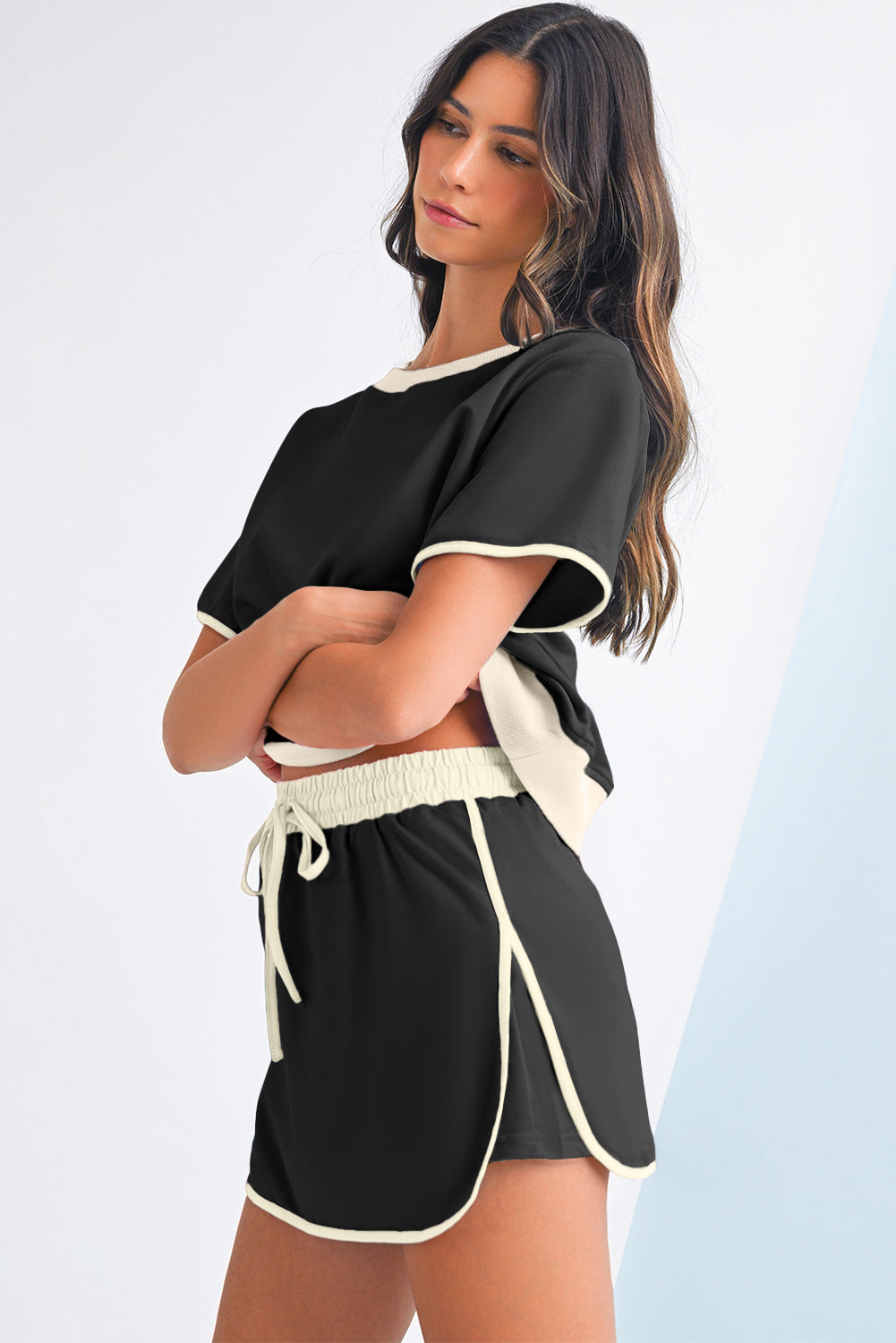 Bonbon Colorblock Edge Drop Shoulder T Shirt and Skort Set