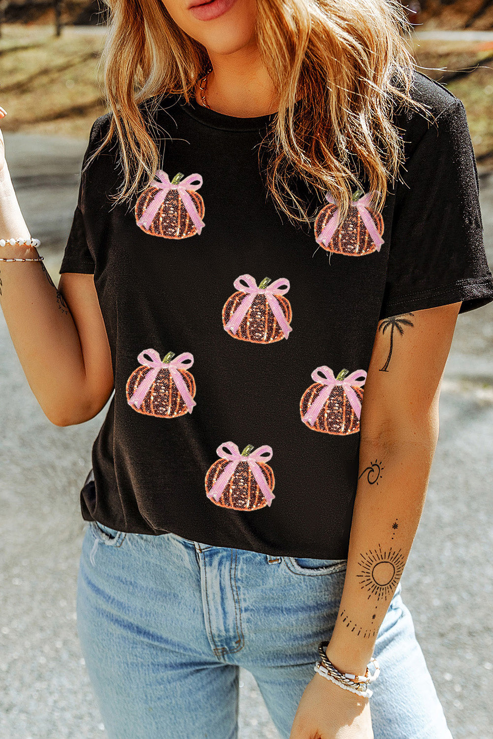 Black Sequin Bow Pumpkin Patched Cotton Blend T Shirt